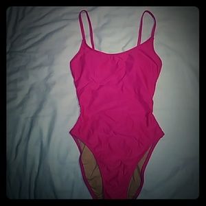 Neon pink one piece, low back swimsuit